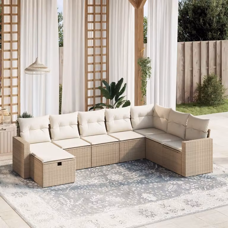 vidaXL Set Divano da Giardino a L 8 pz con Cuscini Beige e Ottoman in Polyrattan e Acciaio