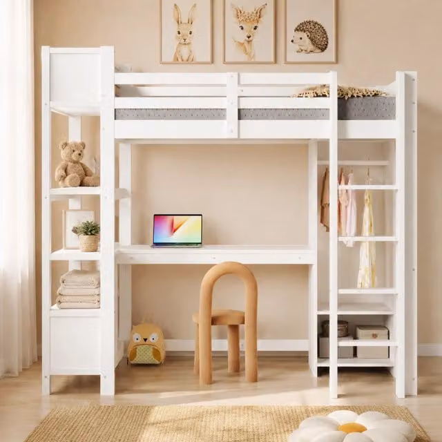 Letto a soppalco 90x200 cm bianco con scrivania, armadio e scaffali