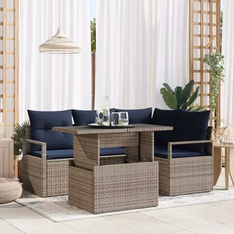 Set Divano da Giardino vidaXL 5 Pezzi a Forma di L con Tavolino, Grigio e Blu Navy
