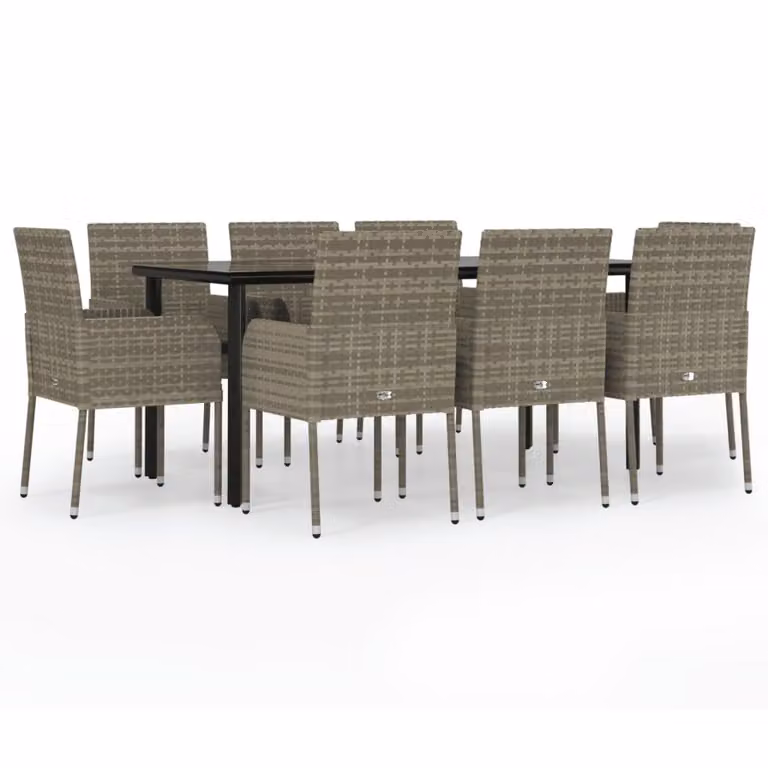 Set da Pranzo Giardino 9pz con Cuscini Nero e Grigio Polyrattan
