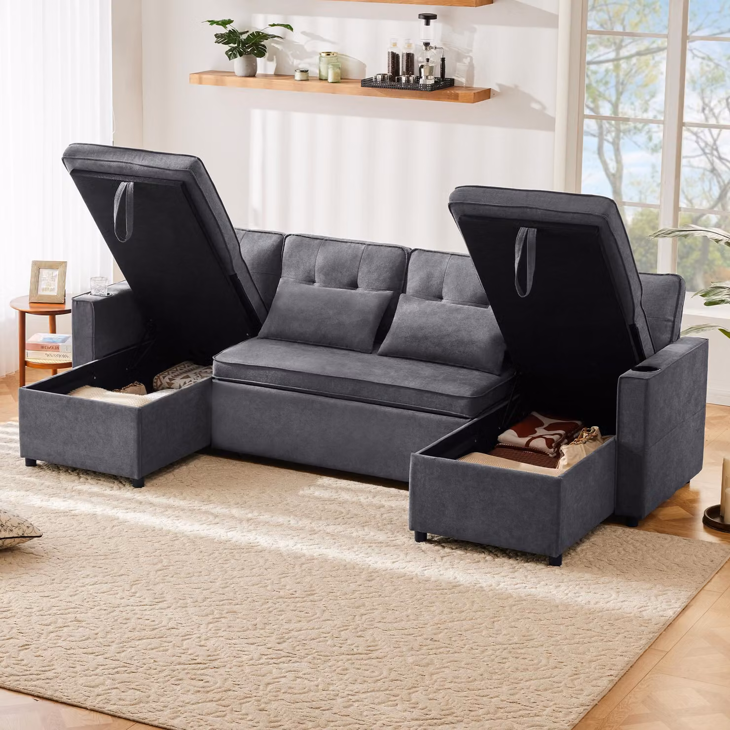 MODFU Divano letto con funzione letto, divano a U, seduta imbottita, tessuto di cotone e lino, con portabicchieri e vani portaoggetti, grigio