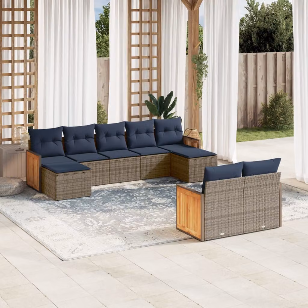 Set di divani da giardino vidaXL a forma di U composto da 9 pezzi con cuscini, colore grigio e blu, in rattan e legno di acacia con struttura in acciaio verniciato a polvere
