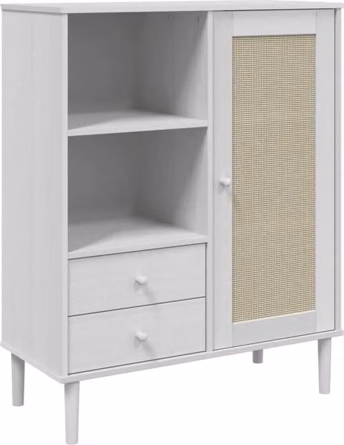Buffet credenza con cassettiera in legno massello di pino bianco con effetto rattan per cucina e soggiorno L: 90 cm, P: 40 cm, H: 112 cm