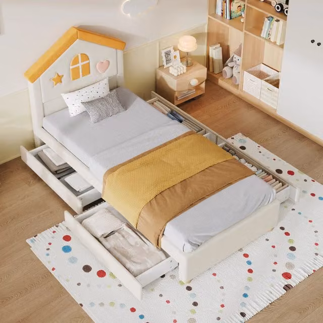 Letto a casetta Mivray per bambini con 4 cassetti, struttura imbottita in velluto beige, L/P/H: 200 x 90 x 102,5 cm