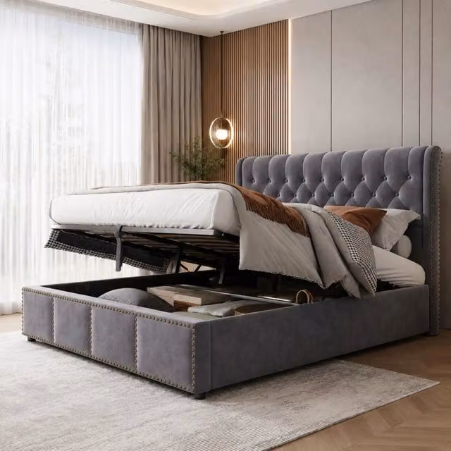 Letto imbottito 140x200 cm in velluto grigio con contenitore; rete a doghe inclusa; senza materasso