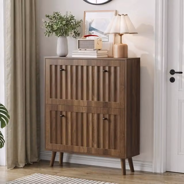 Scarpiera Mid Century con Vani Basculanti in MDF e Legno, Colore Marrone, L: 80 cm, P: 24 cm, H: 95 cm