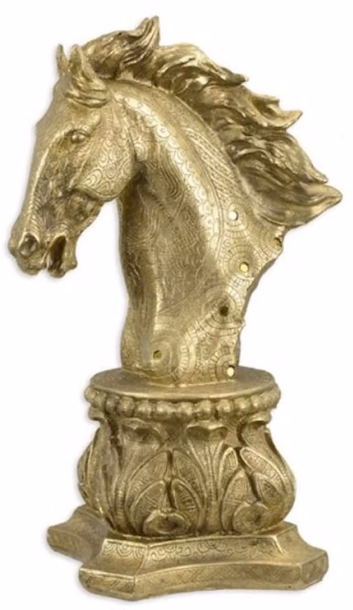Casa Padrino scultura decorativa in resina sintetica testa di cavallo su base barocca oro 17,9 x 22,5 x h. 40,2 cm - Elegante figura decorativa - Decorazione da scrivania - Decorazione da salotto