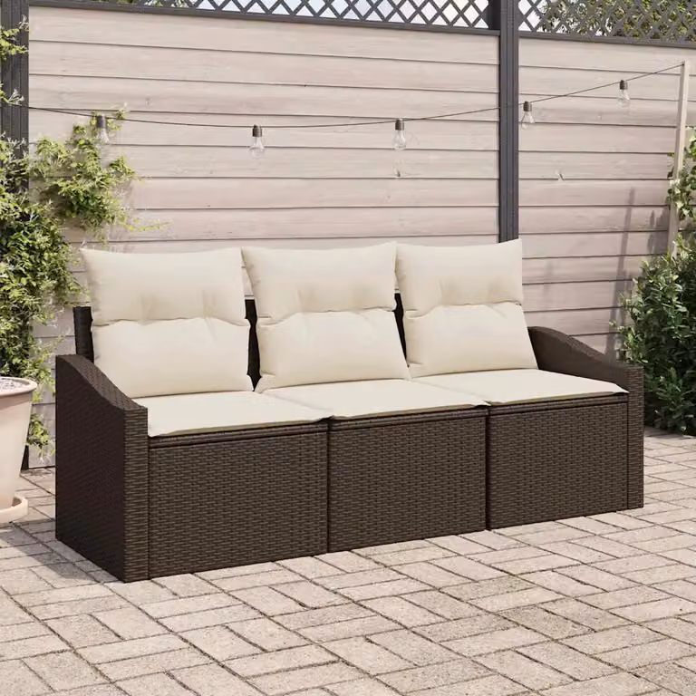 Set Divano da Giardino 3 Pezzi vidaXL in Polyrattan Marrone e Bianco con Cuscini e Struttura in Acciaio Verniciato a Polvere