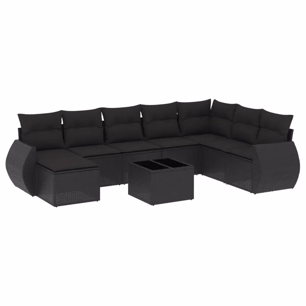 vidaXL Set Divani da Giardino 9 pz a Forma di L in Polyrattan Nero con Cuscini e Tavolino – 2