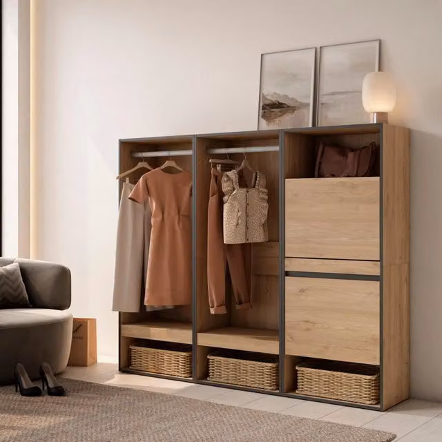 Armadio Aperto, 180x35x145cm, Camera da letto, Scarpiera, colore Rovere RF3496