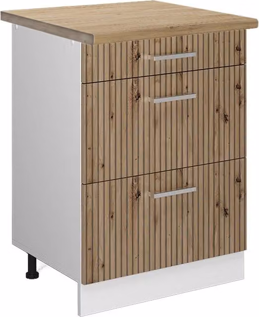Mobiletto base per cucina R-Line Rovere artigianale/Bianco 60 cm con cassetti, PL Rovere Vicco
