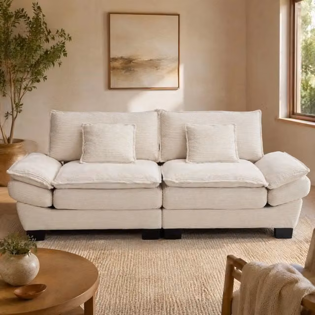 Divano a 2 posti 224x81x81 cm in velluto beige con braccioli, per soggiorno e ufficio –