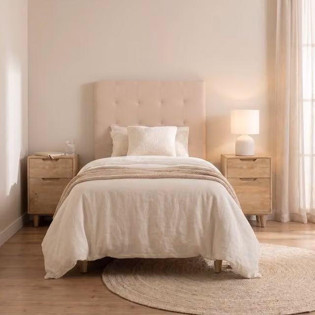 Testiera imbottita Neris Banak per letti bambini da 90 e 105 cm, colore beige, design moderno in tessuto