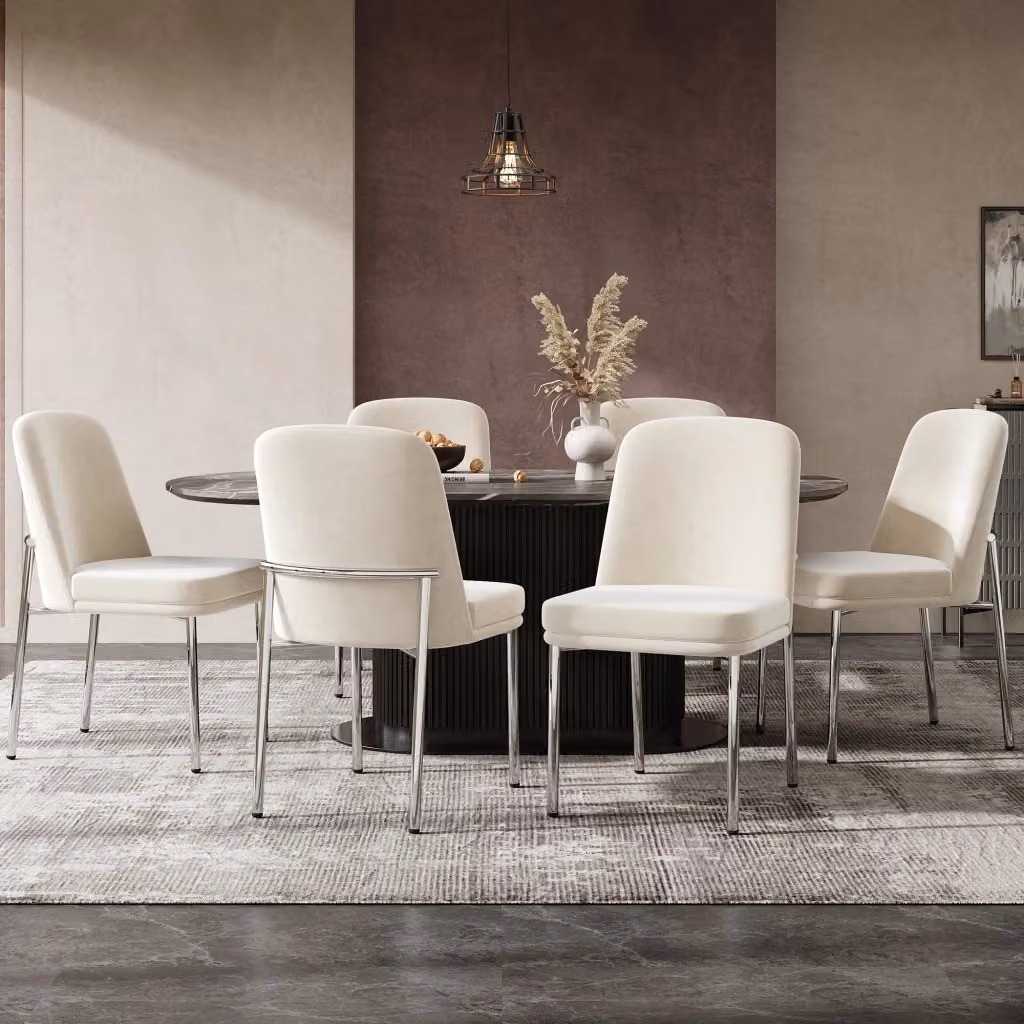 Set di 6 sedie da pranzo OKWISH in velluto beige con struttura in metallo cromato e seduta imbottita in stile moderno – 2
