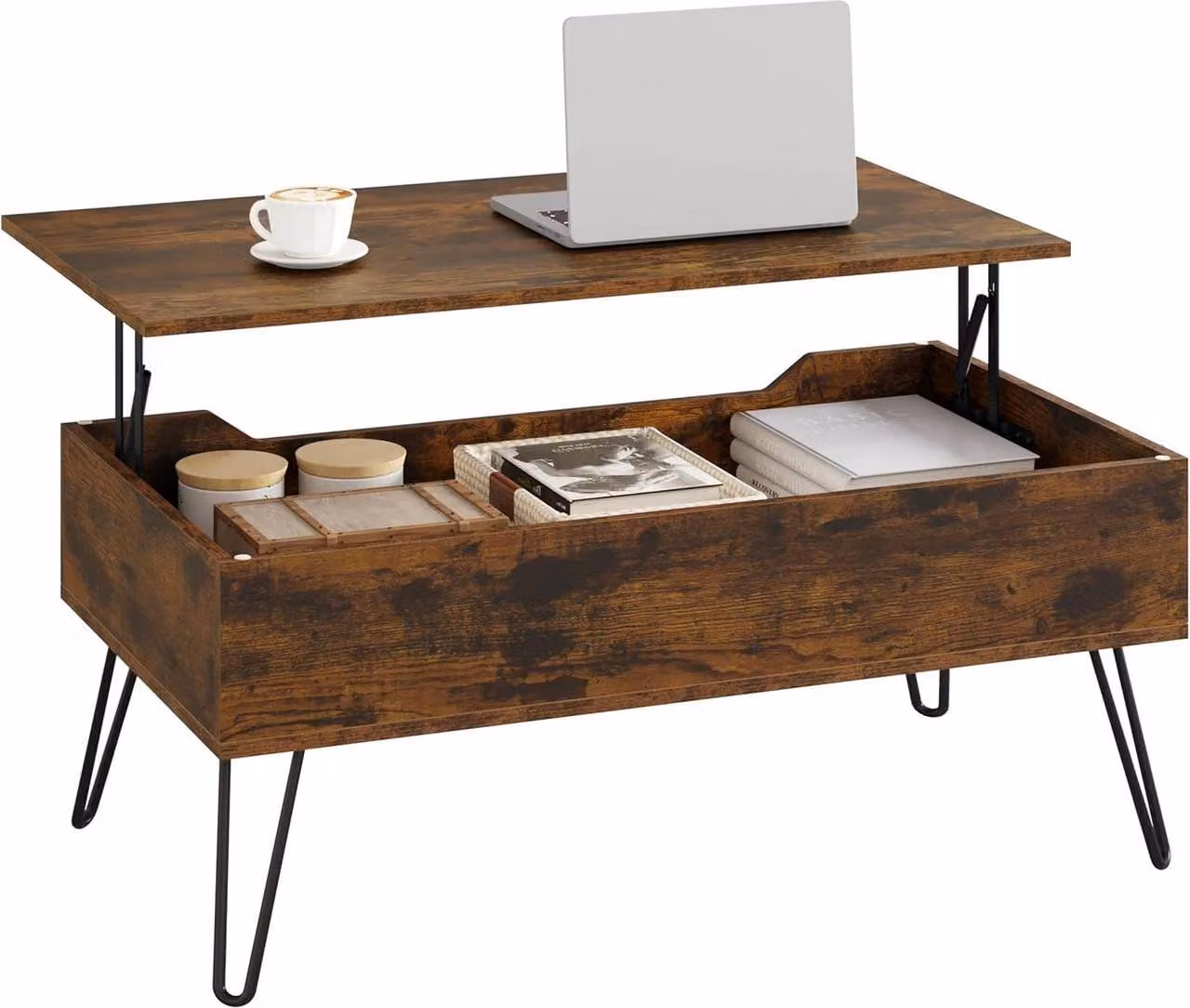 Tavolino regolabile con spazio contenitivo nascosto | Colore marrone rustico | 95x50x40 cm