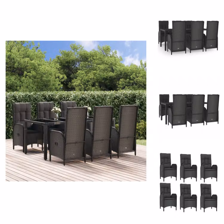 vidaXL set da pranzo da giardino 7 pezzi con cuscini in poly rattan nero e grigio - Set di mobili da giardino
