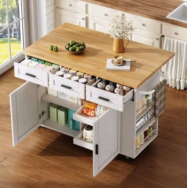 Isola da cucina mobile con piano pieghevole e prese, 120 cm