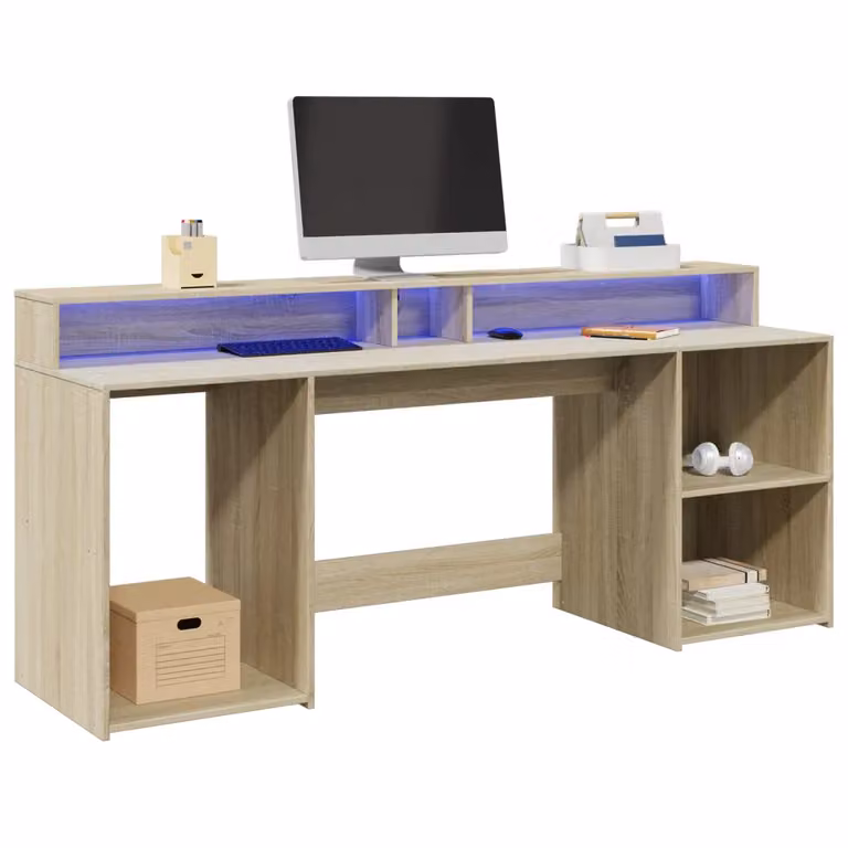 Scrivania da gaming vidaXL con luci LED in MDF color rovere, L: 200 cm, P: 55 cm, H: 91 cm