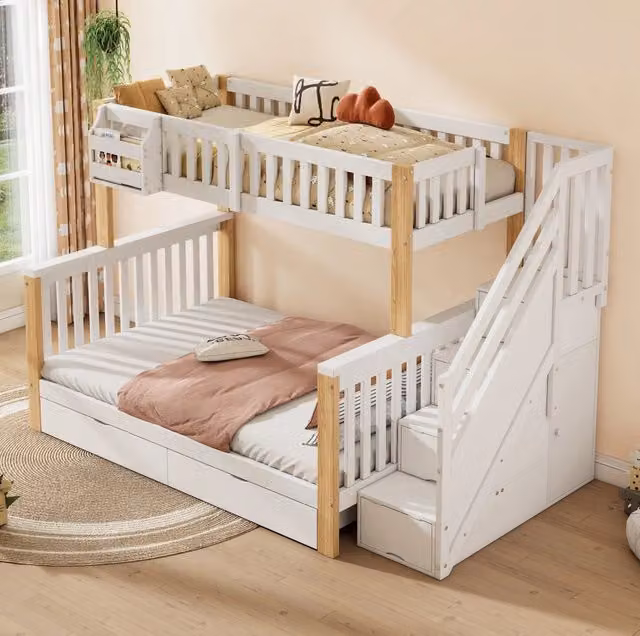 Letto a castello per bambini 90x200/140x200 con scale contenitore, cassetti e vani, bianco naturale