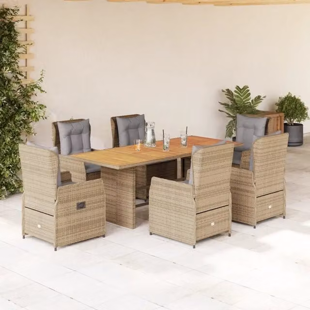 Set da Pranzo da Giardino vidaXL in Polyrattan con Cuscini Beige e Grigio e Tavolo in Legno di Acacia, 7 Pezzi