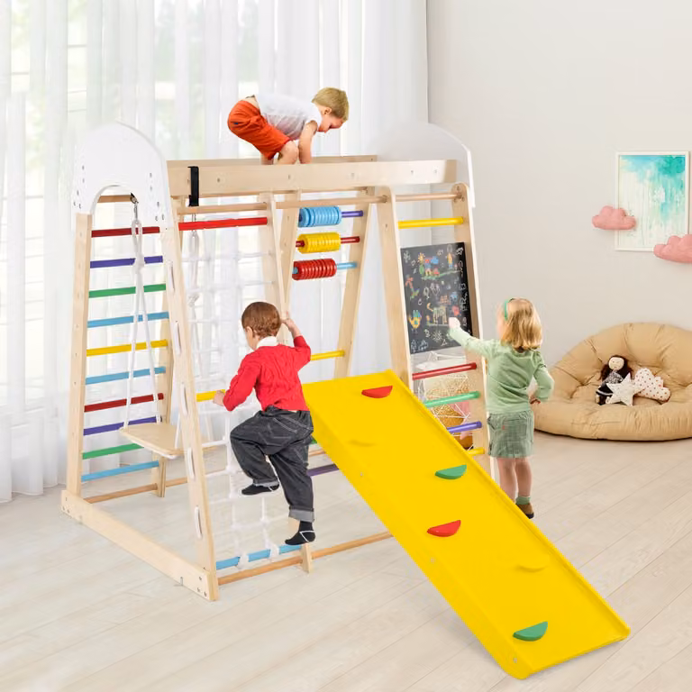 Set arrampicata 8 in 1 Costway in legno per bambini con scivolo, altalena e abaco, multicolore