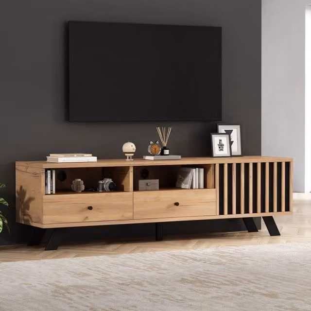 Mobile porta TV moderno OKWISH per soggiorno con 2 cassetti, 1 anta e 2 vani aperti, colore marrone e nero, L/P/H: 150 x 38 x 44 cm