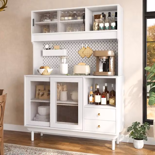 Buffet cucina con ante scorrevoli in vetro rigato 117x30x170 cm; bianco; MDF e truciolare