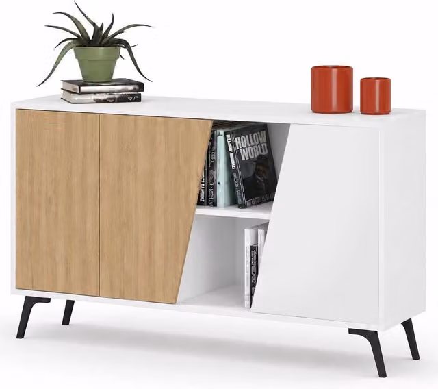 Madia Credenza Moderna 150 cm con 2 Ante 8 Vani e Ripiani Bianco e Quercia