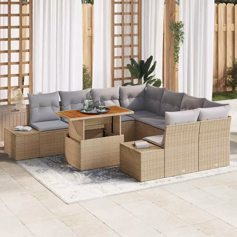 Set da pranzo da giardino moderno vidaXL in rattan e legno di acacia con 9 pezzi beige e grigio