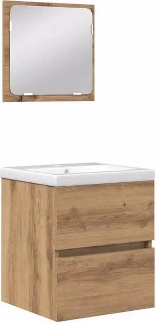 Set di mobili per il bagno moderno composto da mobile lavabo e armadietto specchio in legno color rovere e bianco, sospesi, L/P/H: 76,7 x 45 x 42 cm
