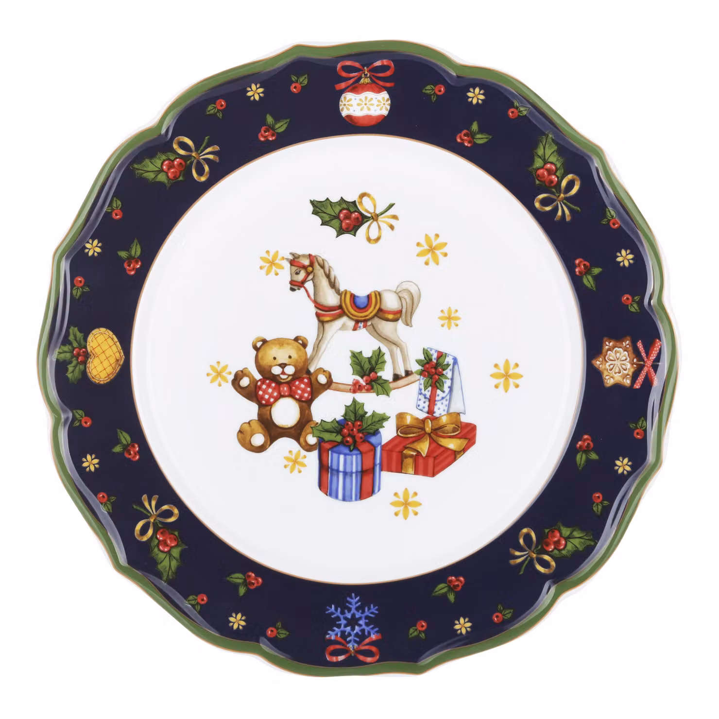 Sottopiatto natalizio KASANOVA in porcellana blu con decorazione regali, Diametro: 32,5 cm – 2
