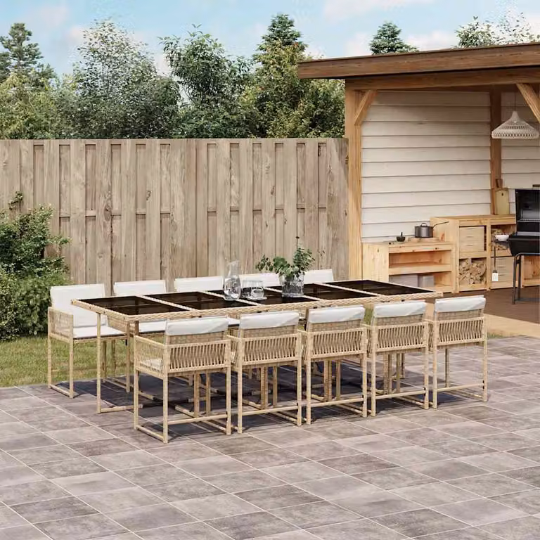 vidaXL Set da Pranzo da Giardino 11 pz in Polyrattan con Cuscini Beige e Bianco e Piano in Vetro
