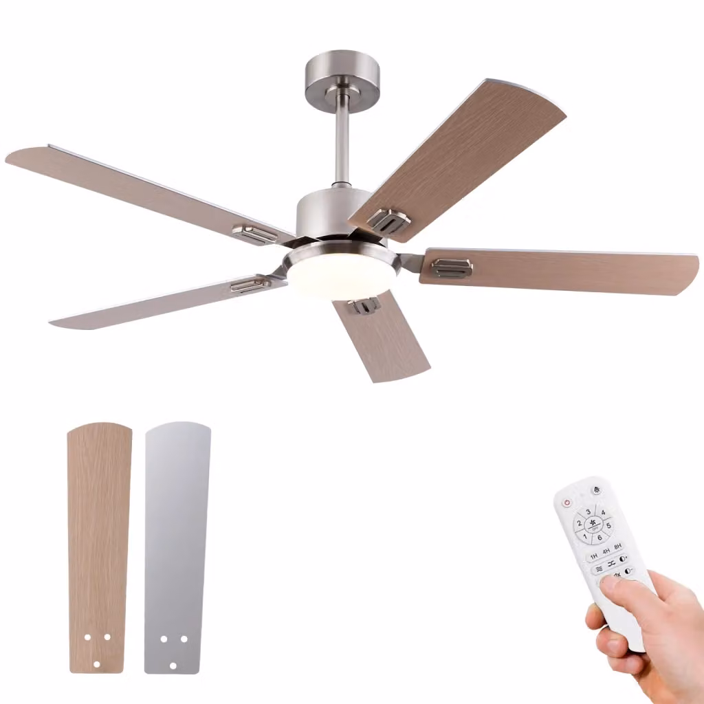 Ventilatore da soffitto con luce dimmerabile e telecomando in metallo e legno, colore argento e multicolore, L: 44.1 cm, P: 34.1 cm, H: 18.5 cm – 2