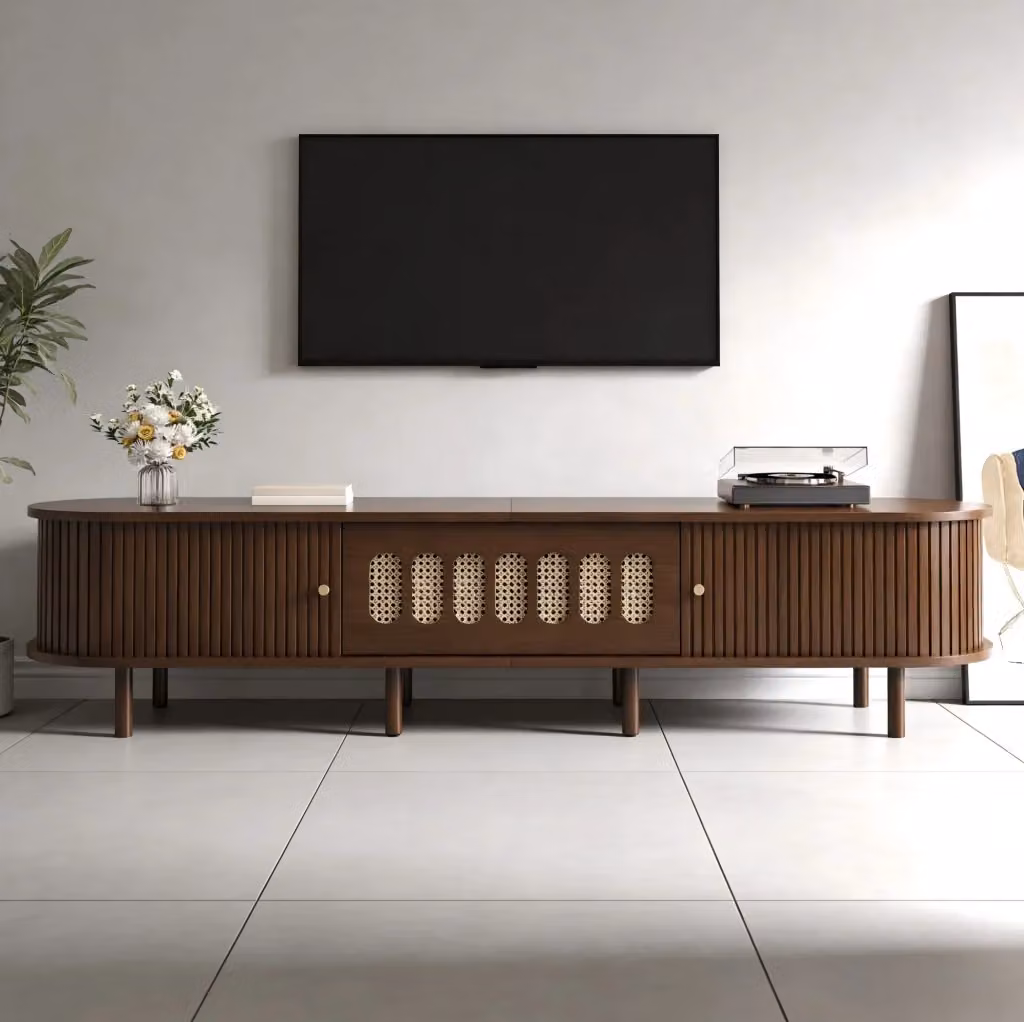 Mobile TV MODFU in MDF colore noce con dettagli effetto rattan e 5 vani chiusi L/P/H: 180 x 40 x 40 cm – 2