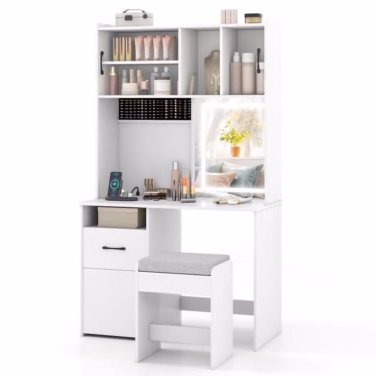 Set di tavolini da toilette COSTWAY con specchio LED e sgabello, tavolino da toilette con prese di corrente, 3 ante, cassetto e portagioie, tavolino cosmetico 100x50x170cm