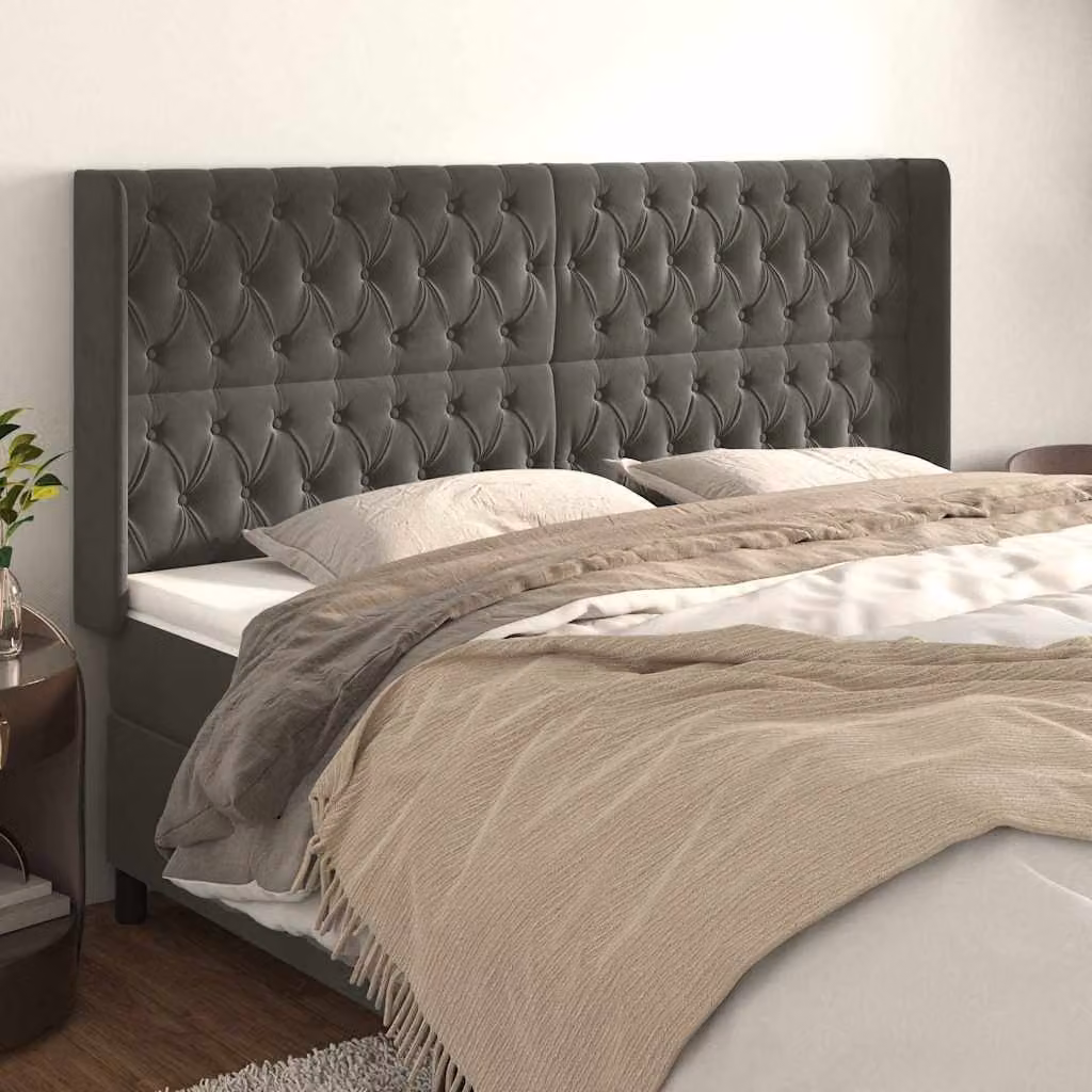 Testiera ad orecchio vidaXL in velluto grigio con struttura in legno e MDF, L: 203 cm, P: 16 cm, H: 118/128 cm – 1