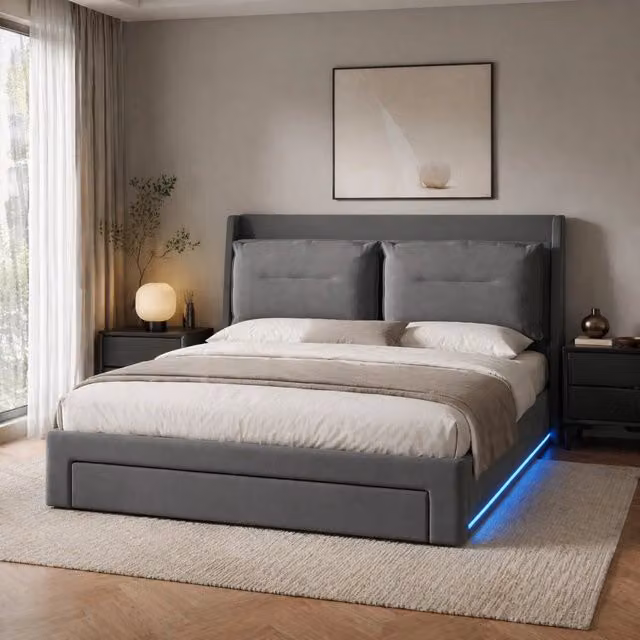 Letto contenitore 140 × 190 cm con sollevamento idraulico cassetto ai piedi LED regolabile velluto grigio scuro