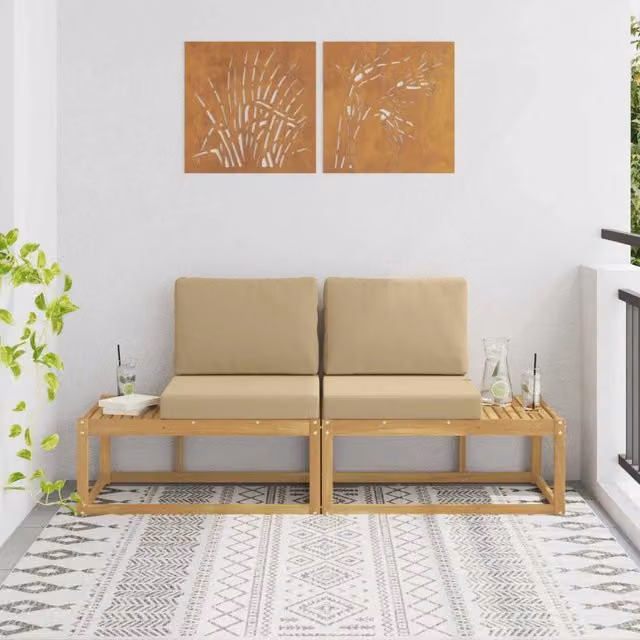 Divano da esterno a L moderno vidaXL in legno di acacia massello con cuscini in tessuto beige e bianco – 1