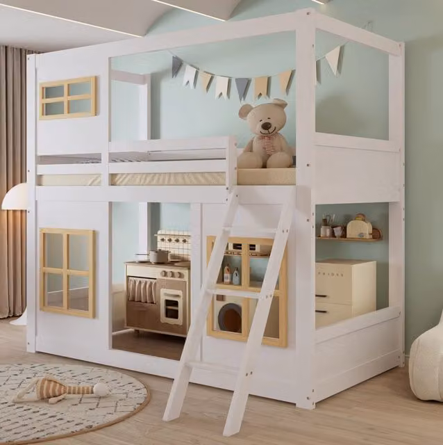 Letto a castello per bambini Beaok in legno e MDF con struttura a casetta, finestre e protezione su quattro lati, colore bianco naturale, L/P/H: 200 x 90 x 120 cm