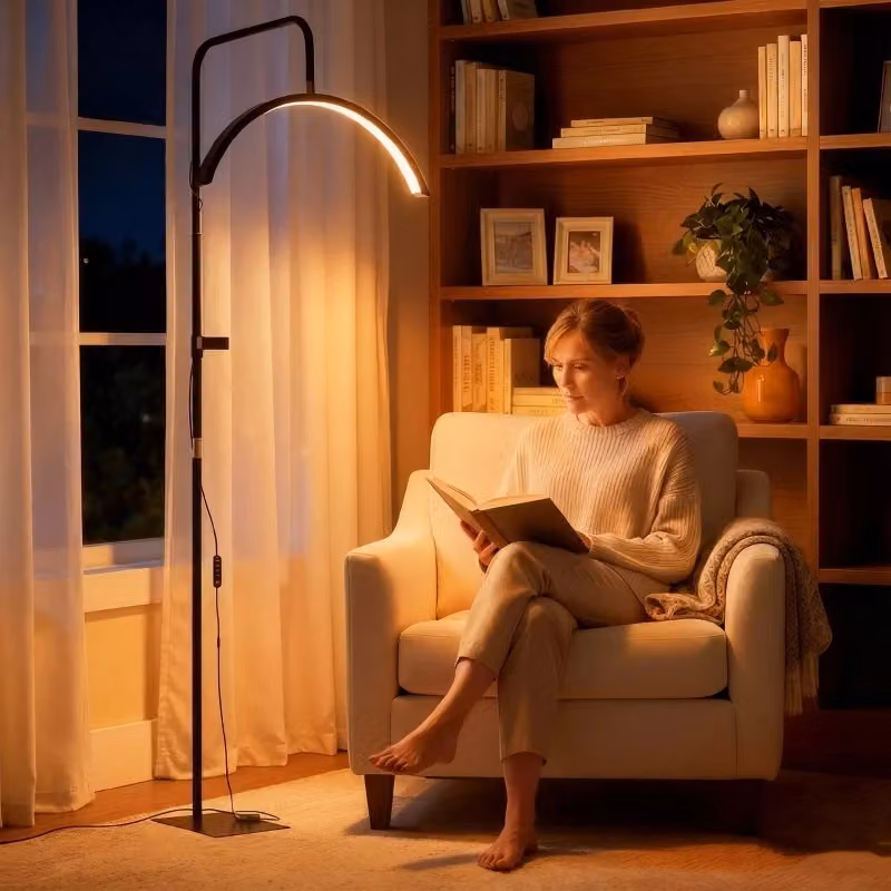 Lampada a mezzaluna professionale da terra per ciglia 36 W con supporto telefono, luce LED 4150 lm Ra > 95, regolabile con telecomando, colore nero, Altezza: 136–186 cm – 2