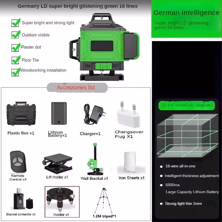 Livella laser 4D - 16 linee - Autolivellante - 360° orizzontale e verticale - Laser verde - Batteria inclusa - Contenitore in plastica