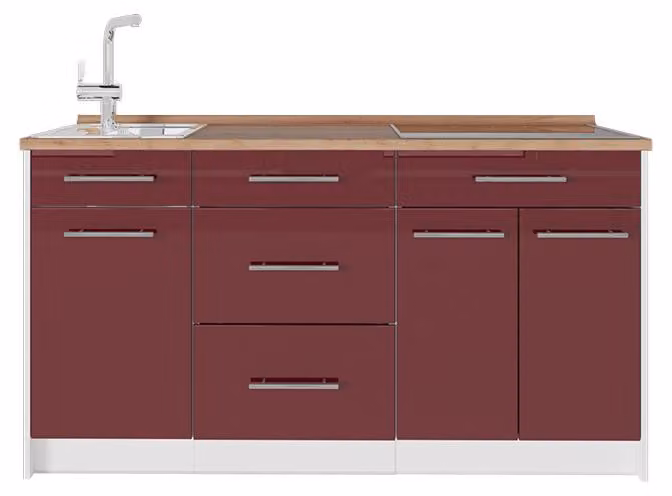 Cucine componibili piccole Vicco Fame-Line Bordeaux lucido/Bianco 150 cm piano di lavoro Rovere dorato, Model 70427