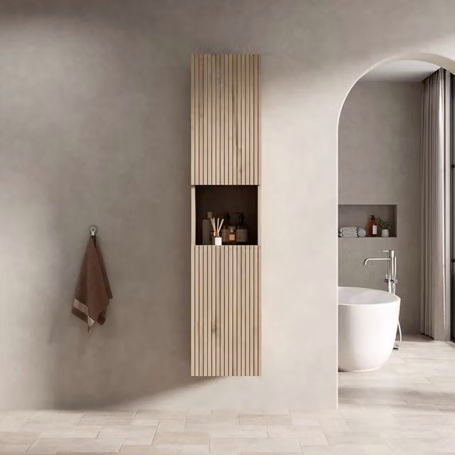 Armadio da bagno a 2 ante con vano a giorno e ripiani regolabili; compensato; rovere bianco