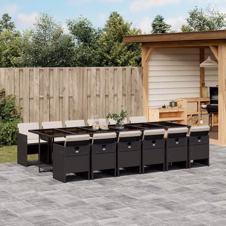Set da Pranzo da Giardino vidaXL in Polyrattan Nero con Cuscini e Tavolo in Vetro, 13 Pezzi