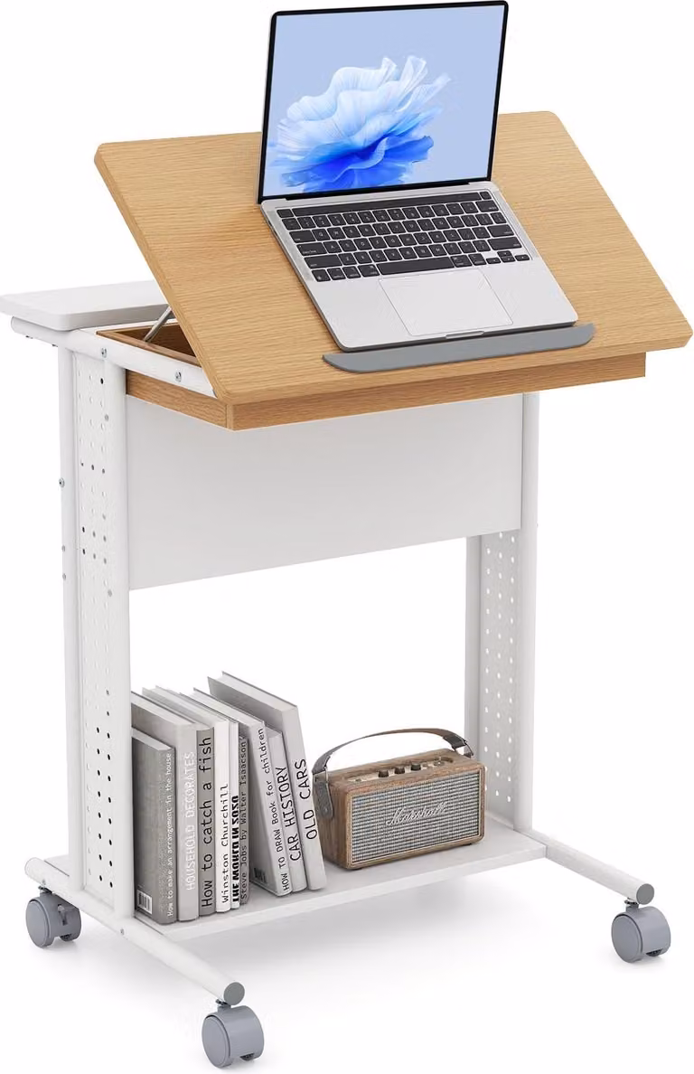 Scrivania mobile per laptop con piano inclinabile, spazio di archiviazione e ruote
