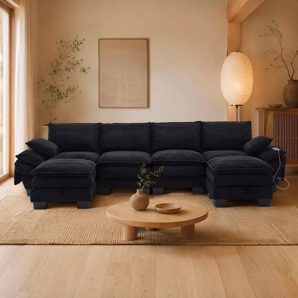 Divano modulare MODFU a 4 posti con 2 pouf, design moderno a L con ricarica USB-C, rivestimento in velluto a coste nero, L/P/H: 330 x 132 x 84 cm – 2