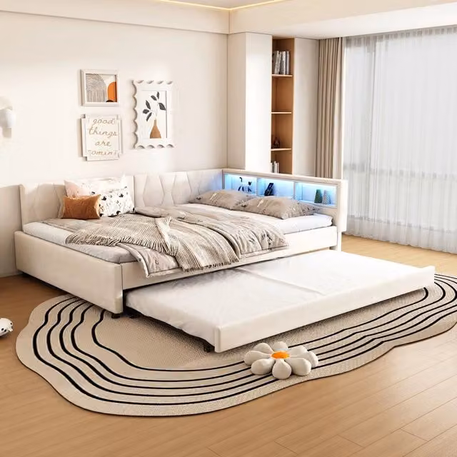 Letto Giorno con Letto Estraibile, LED e USB ¨C MINIMAL ¨C Tessuto Beige 140x200
