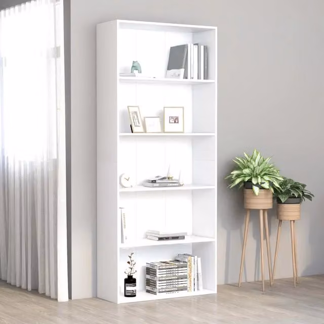 Libreria a 5 Ripiani-Scaffale per Libri-Mobile di Stoccaggio Bianca 80x30x189 cm in Legno Multistrato