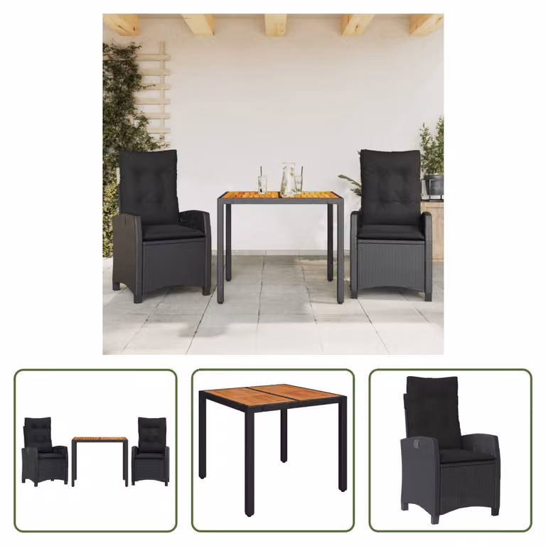 The Living Store Set da pranzo da giardino in 3 pezzi con cuscini in poly rattan nero