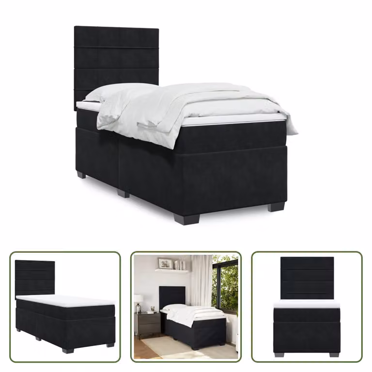 The Living Store Letto a molle con materasso nero 90x190 cm in velluto